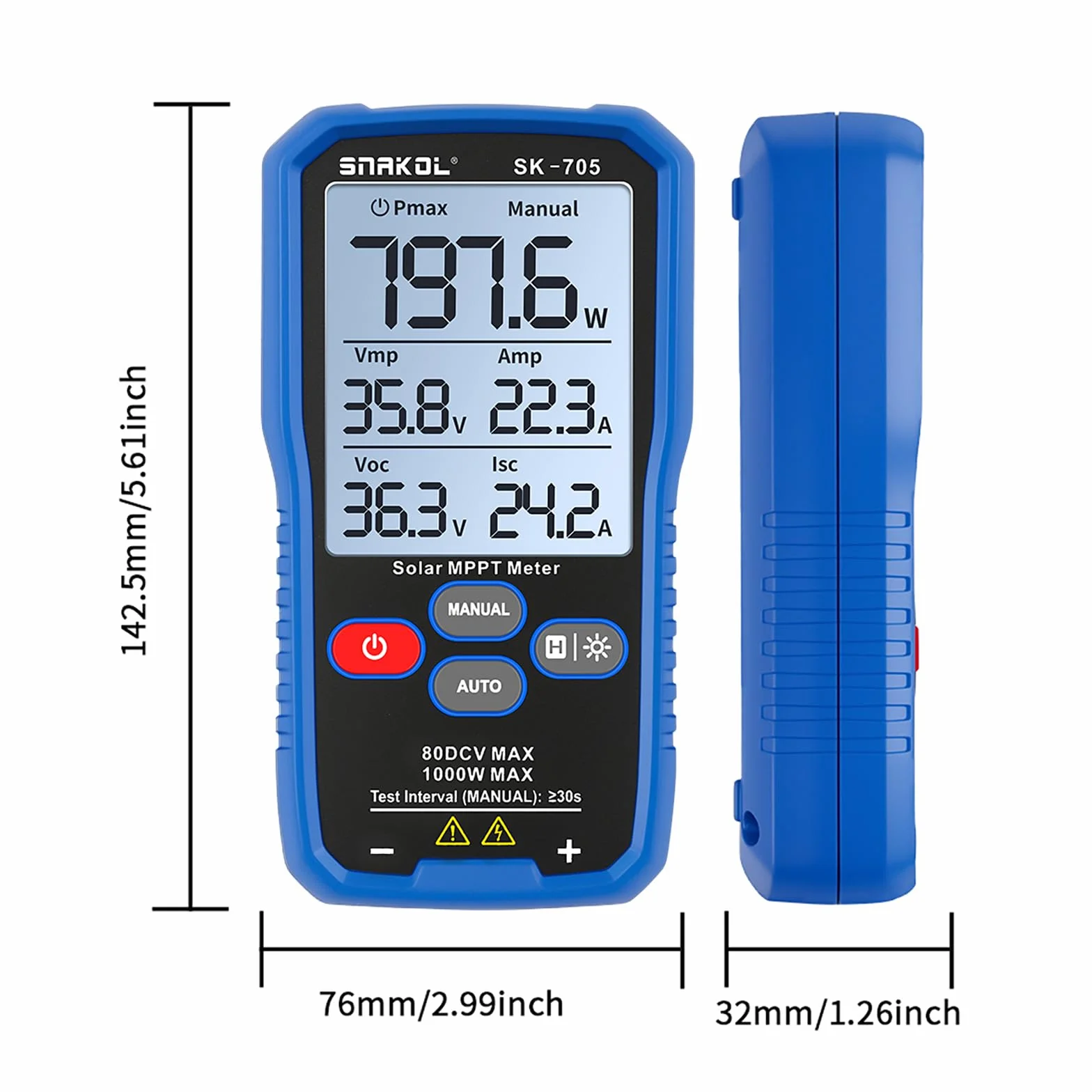 SK-705 Probador MPPT Solar para Módulos Fotovoltaicos – 1000 W, Máx. 80 V DC, 35 A, Medición Automática y Manual de Potencia, Voc Isc Vmp Pmax, Pantalla LCD de 3,2", Tester FV Portátil