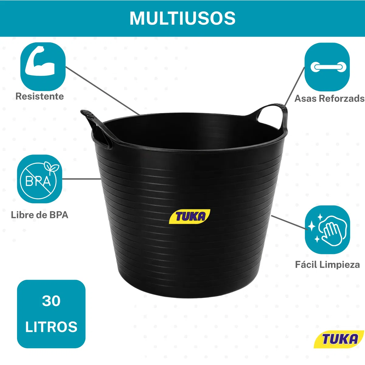 TUKA Pack de 8 Capazos de Plástico 30 L – Profesional, Color Negro | Barreño, Cubeta Resistente Multiusos para albañilería, jardinería, Agricultura y hogar (8, Negro)