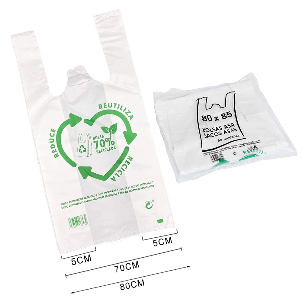 HUSL Bolsas De Plástico Tipo Camiseta, Resistentes, Reutilizables y 70% Recicladas, Galga 200, Tamaños Variados, Gran Resistencia, 70% Recicladas, Cumple Normativas, Aptas Uso Alimentario (80x85cm)