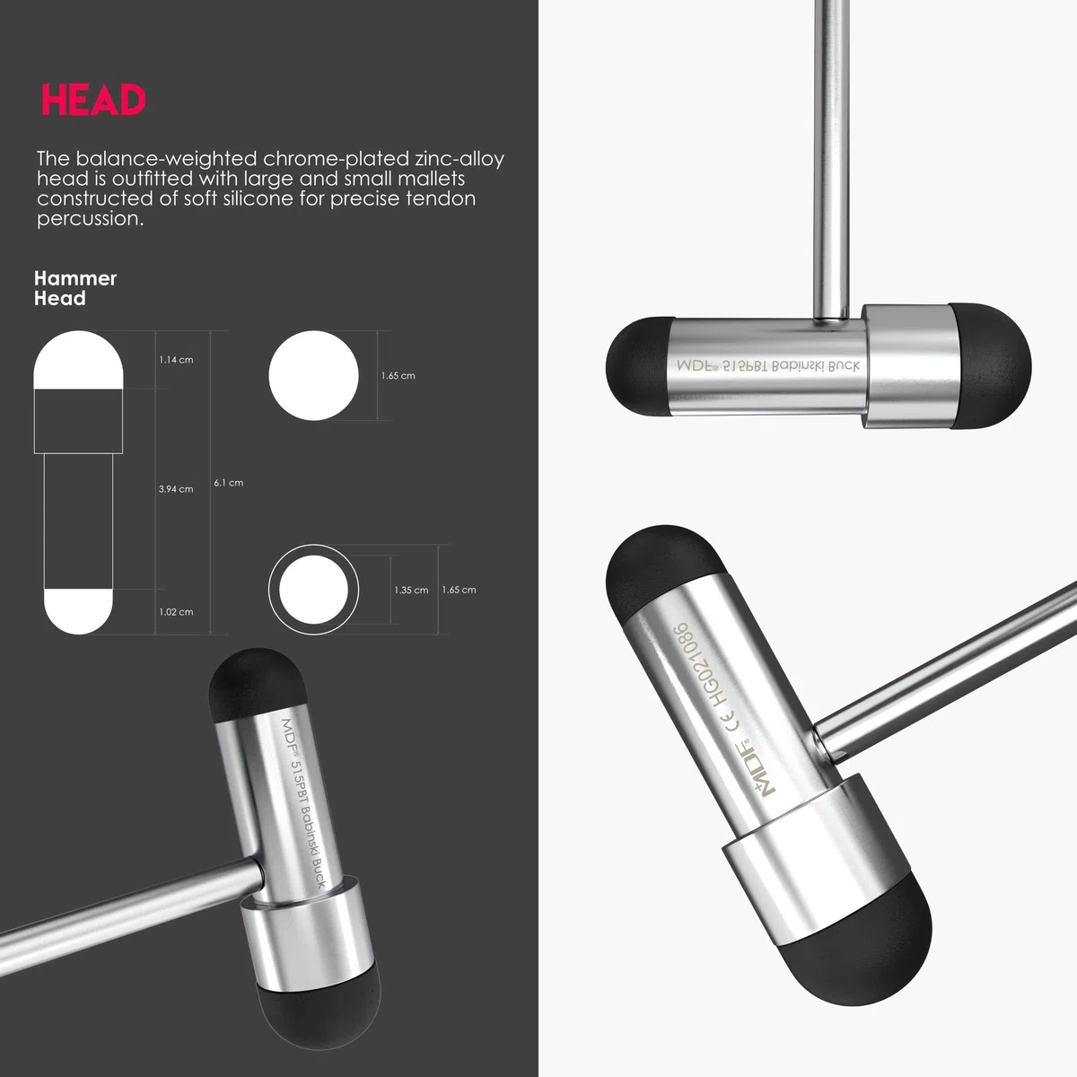 MDF Instruments Babinski Buck - Ligero - Mango HDP Martillo de reflejos neurológico con pincel integrado para respuestas cutáneas y superficiales - Negro (MDF515PBT-11)