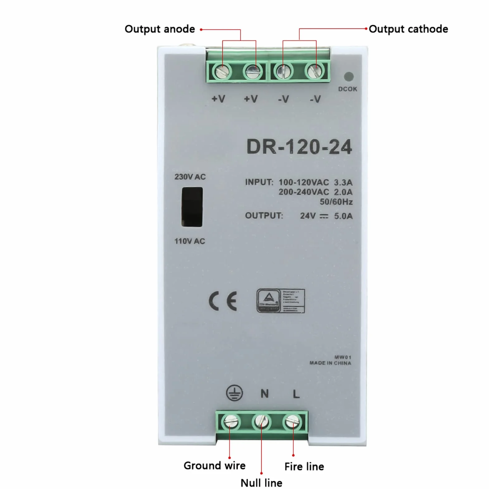 100~240V 24V 5A 35mm Fuente de alimentación de conmutación de carril DIN Eficiente AC/DC Carril DIN industrial Fuente de alimentación de 120W Modulación de ancho de pulso para industrial