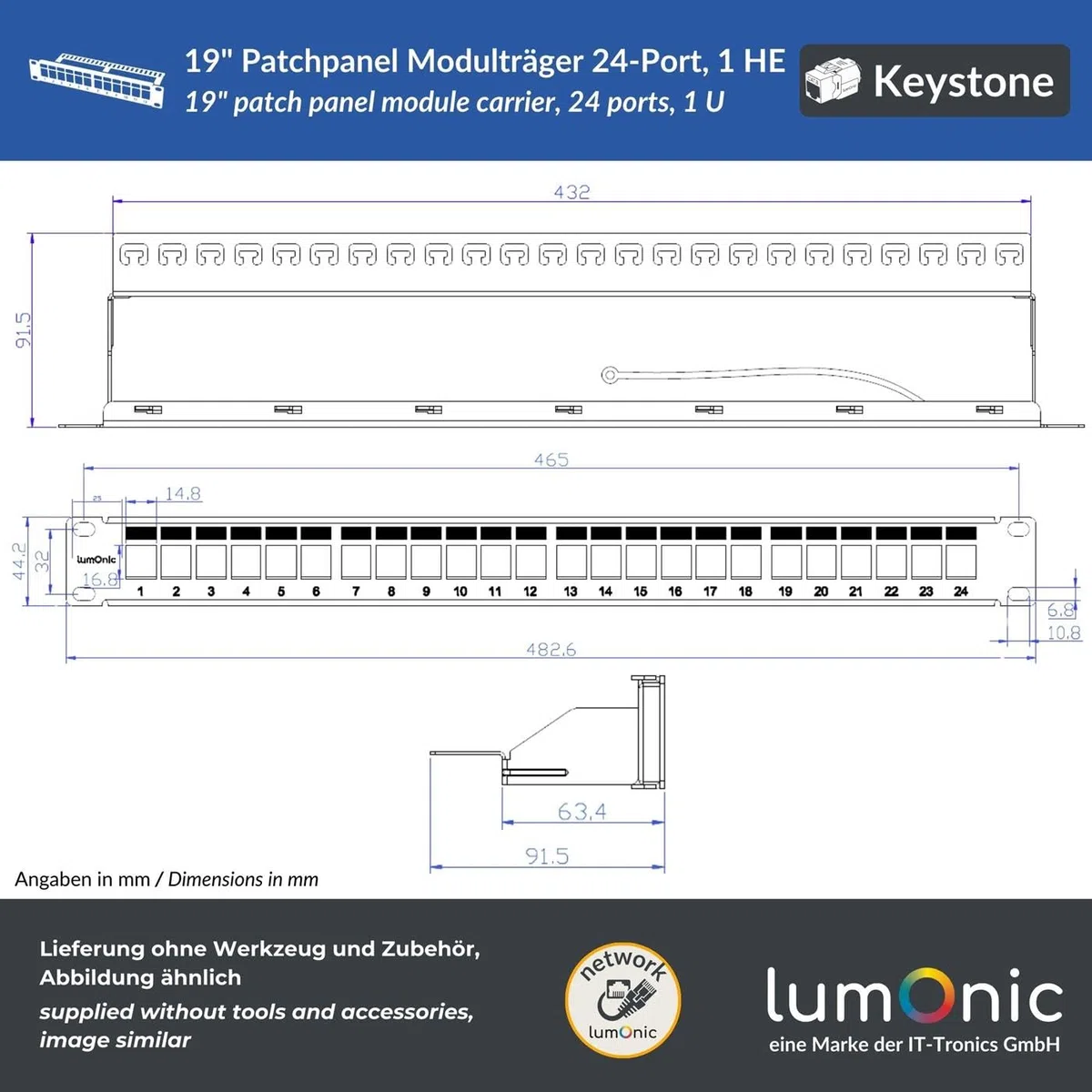 Lumonic 19" Panel de conexión Portamódulos Keystone | 24 Port, 1U con Campo de etiquetado | Ampliable de Forma Flexible | Montaje en Bastidor | Panel de Conexiones Negro con Cable de Toma de Tierra |