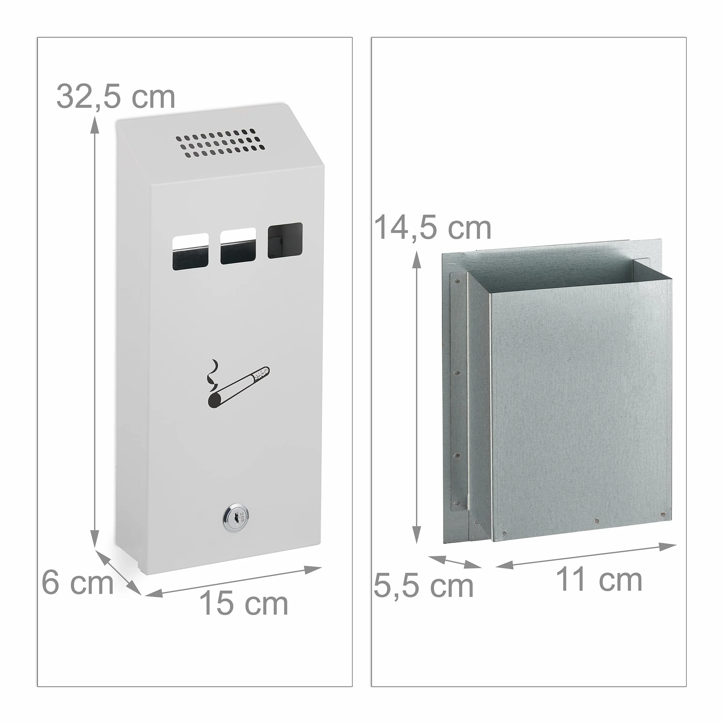 Relaxdays Cenicero para Exterior con Montaje Mural, con Cerradura, de Metal, para Oficina, 32,5 x 15 x 6 cm, Blanco