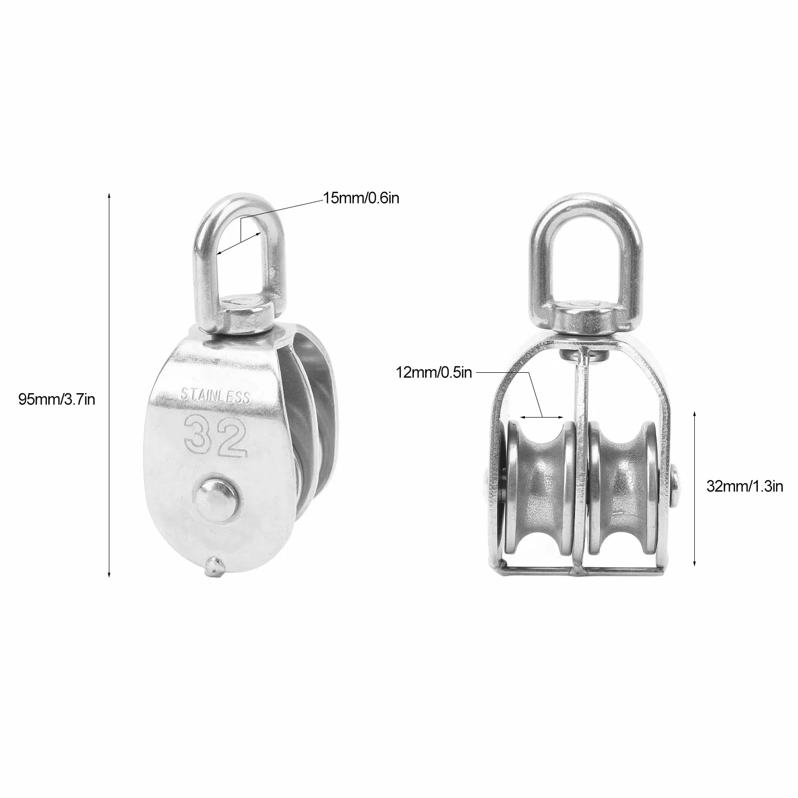 2 Uds Bloque de Polea Doble, Bloque de Polea de Cable M32 Rueda de Rodillo Polea de Rotación de 360 ​​grados de Acero Inoxidable para Elevación de Cable