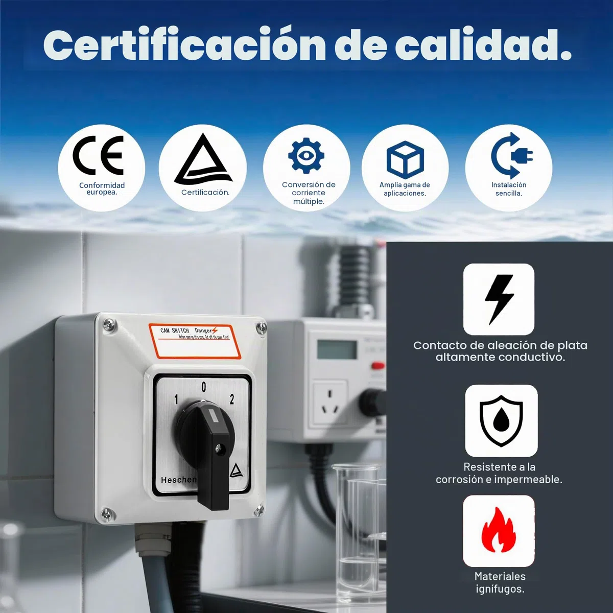 Heschen SZW26-63/D202.2D - Interruptor de cambio universal para selector de levas, 660 V, 63 A, ON-OFF-ON, 3 posiciones, 2 fases, 8 terminales, con interruptor principal, caja externa, CE