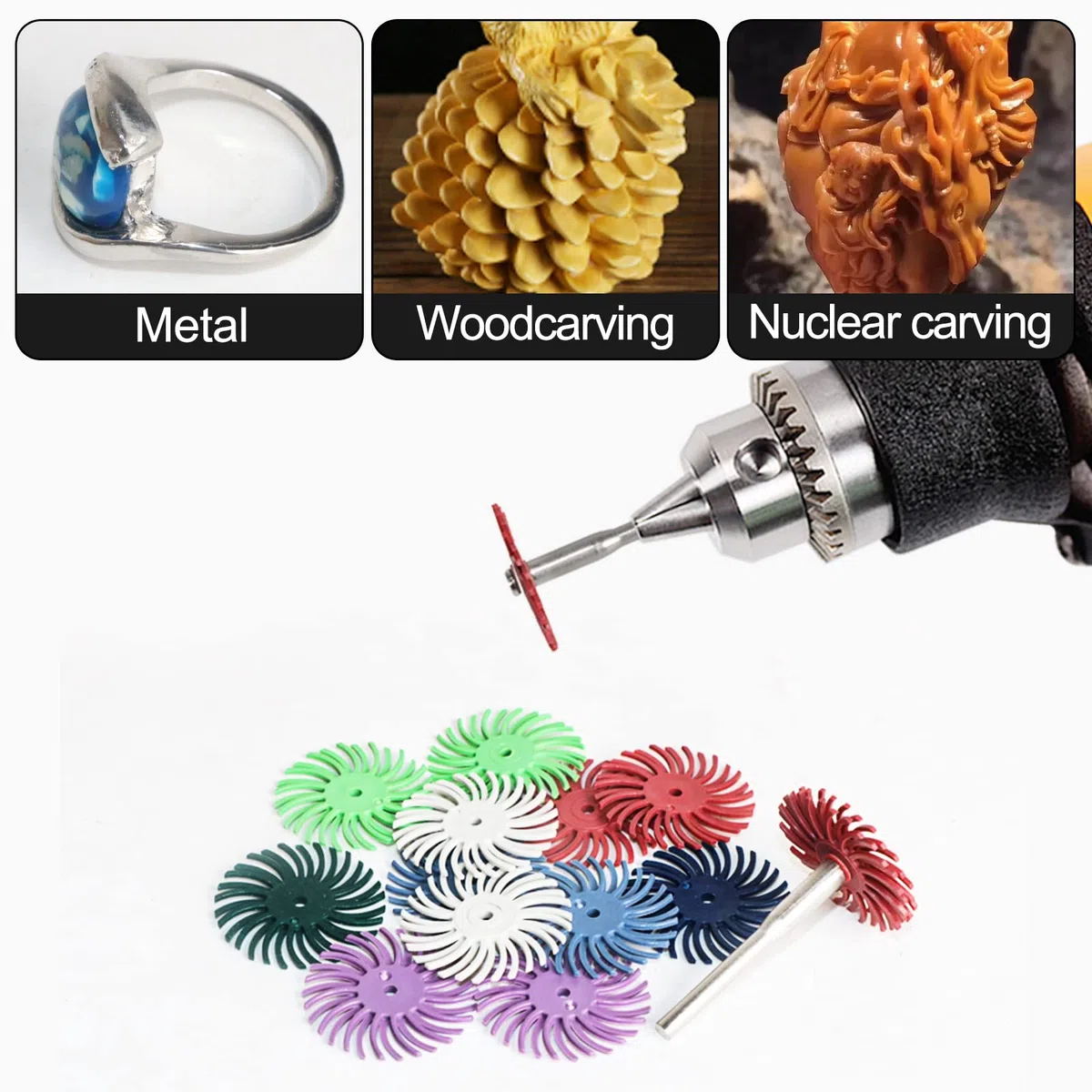 Juego de 50 discos de cerdas radiales de 2,5 cm con vástago de 3 mm para herramientas giratorias Dremel para joyas, madera, metal, pulido, rueda de cerdas de grano
