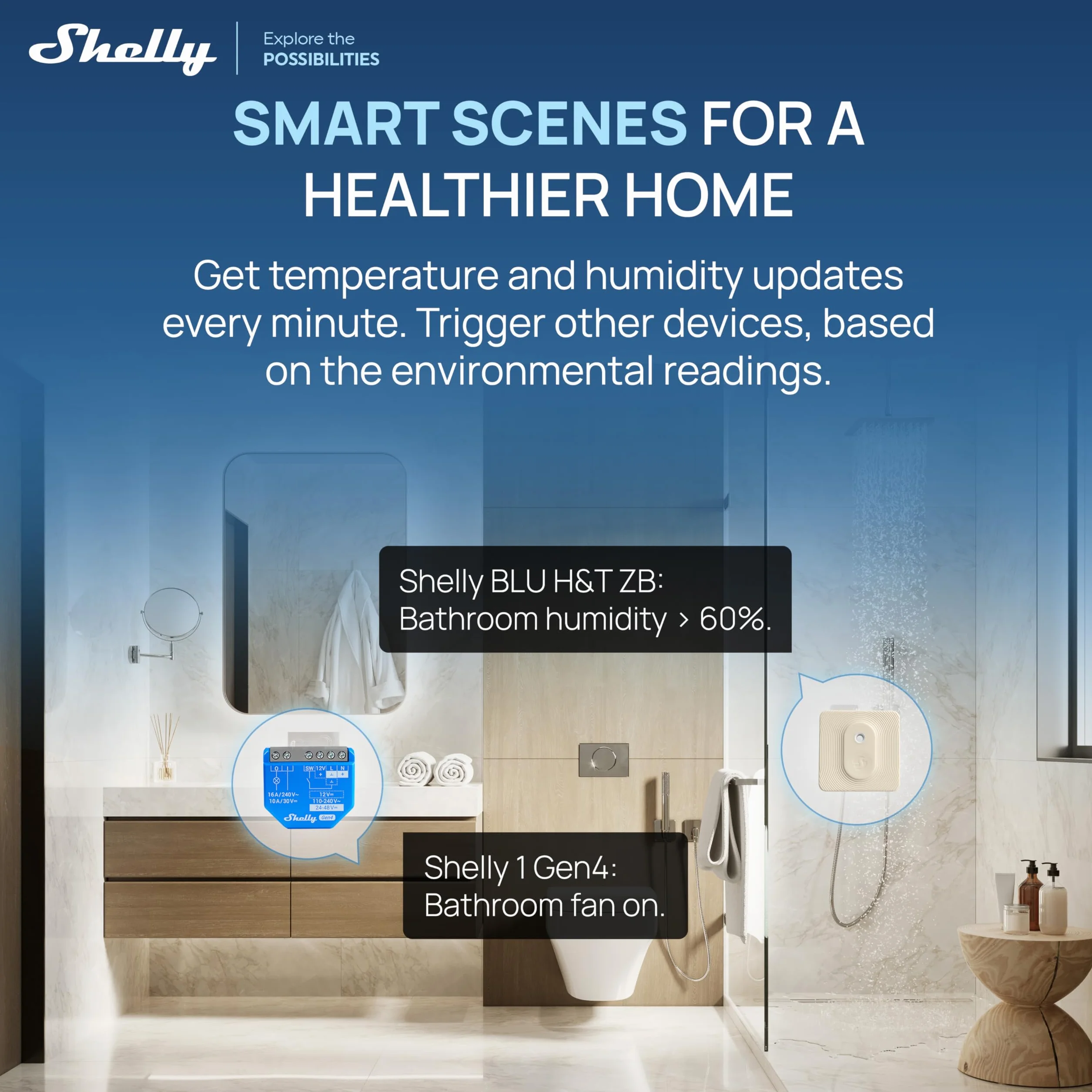 Shelly BLU H&T ZB Marfil – Sensor de temperatura y humedad Zigbee y Bluetooth, Termómetro e Higrómetro inteligente, Protección IP54, Con batería 2 años, Requiere hub, Control por app