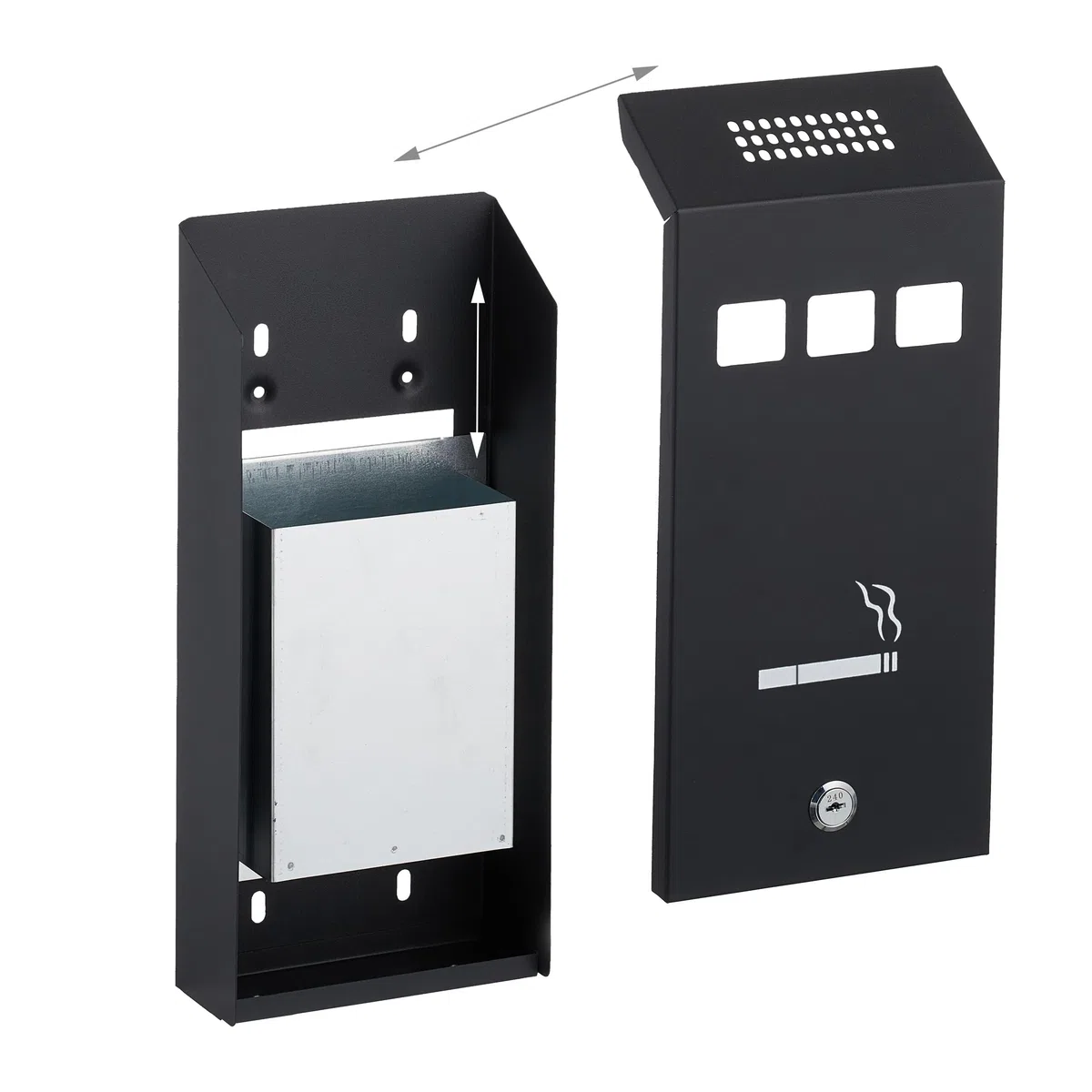 Relaxdays Cenicero de Pared para Exterior, con Cerradura, de Metal, Montaje Mural, Medidas: 32,5 x 15 x 6 cm, Negro