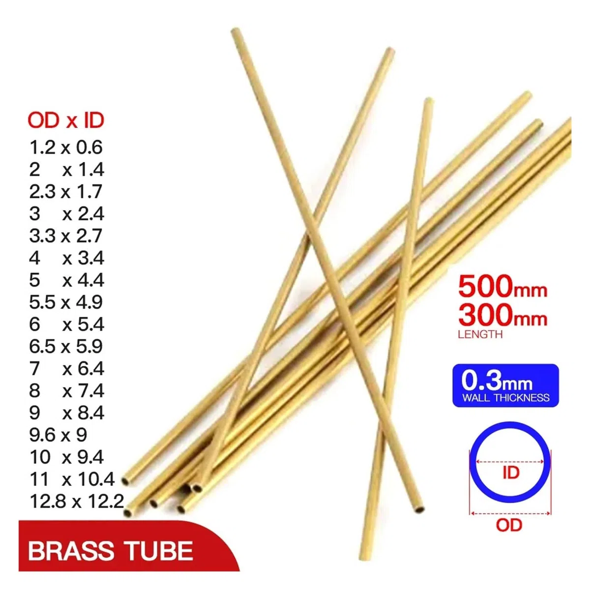 Tubo de latón de 0,3 mm de espesor, diámetro exterior de 1,2-11, tubo de latón de 300 a 500 mm de longitud, tubo recto, tubo de cobre de pared delgada y diámetro pequeño.(300mm,OD 10 x ID 9.4mm)