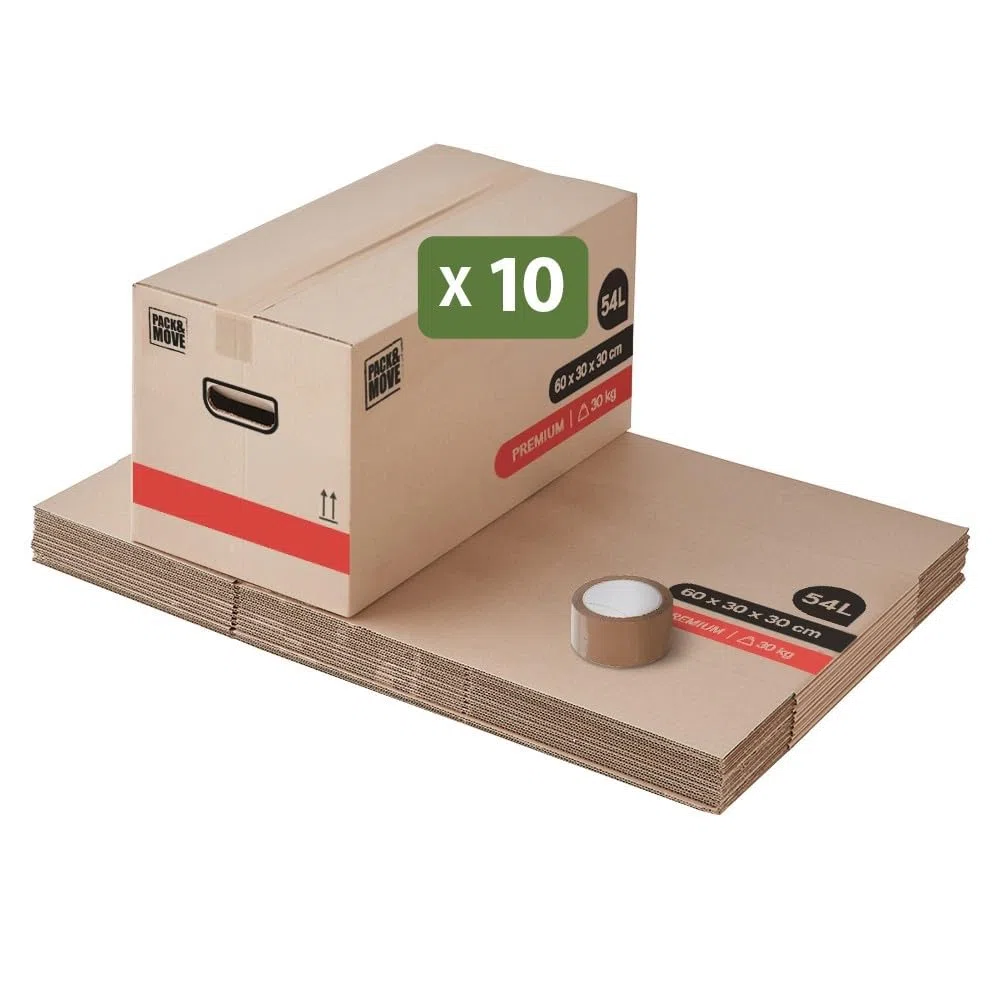Pack And Move – Lote de 10 cajas de mudanza premium – 60 x 30 x 30 cm – Extrema resistencia 25 kg – Reutilizables – Doble grosor – Asas reforzadas – 1 adhesivo incluido