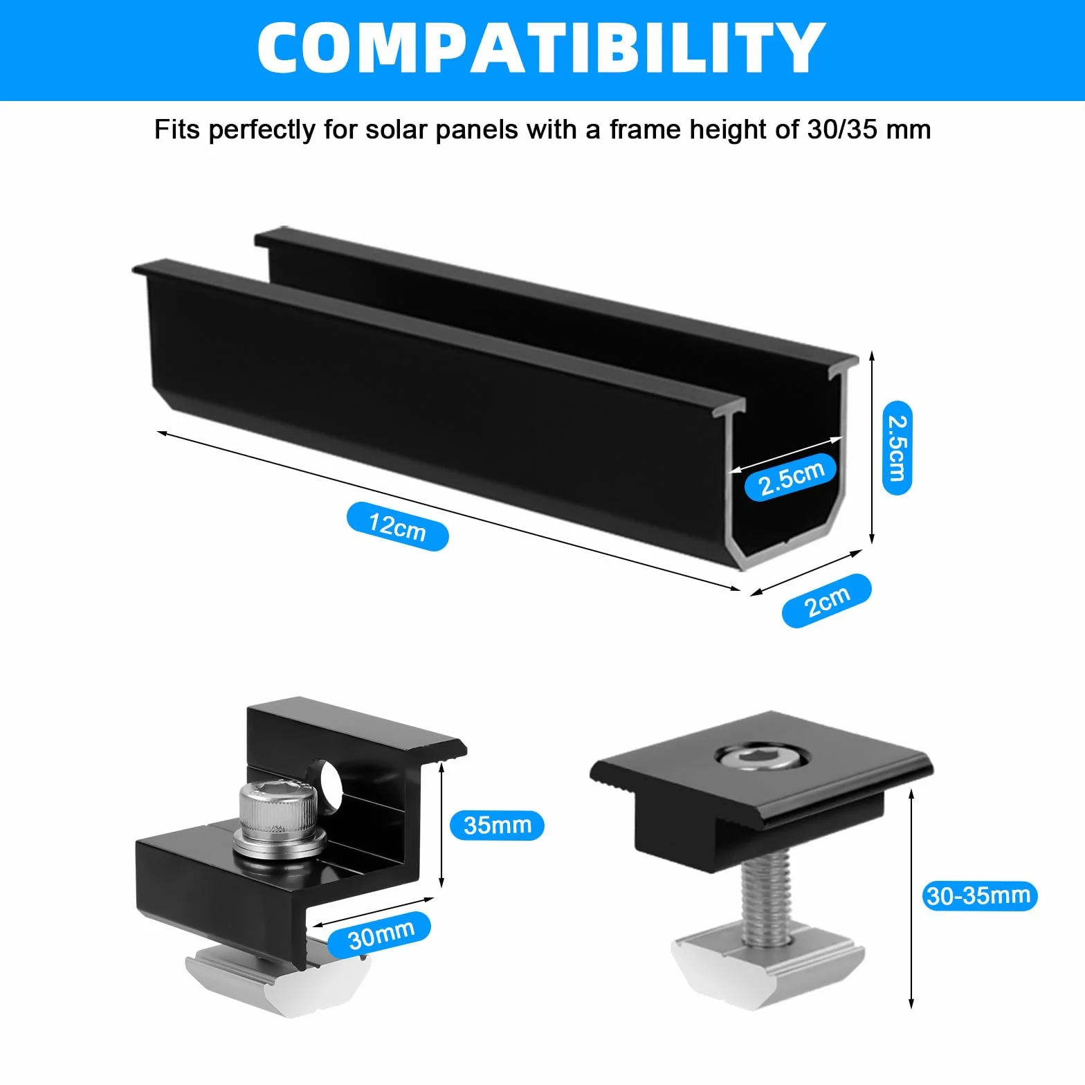 Soporte para módulo solar para 2 módulos, rieles de perfil de aluminio de 12 cm + abrazadera ajustable para módulos de 30-35 mm de grosor, kit de montaje de panel solar para techo plano de chapa