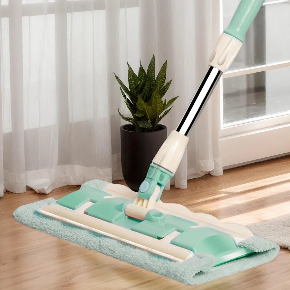 Serpilla para Suelo de parquet con 4 Cabezas Lavables, Incluye raspador de Polvo y Mango Ajustable Giratorio de 360 Grados para Limpieza