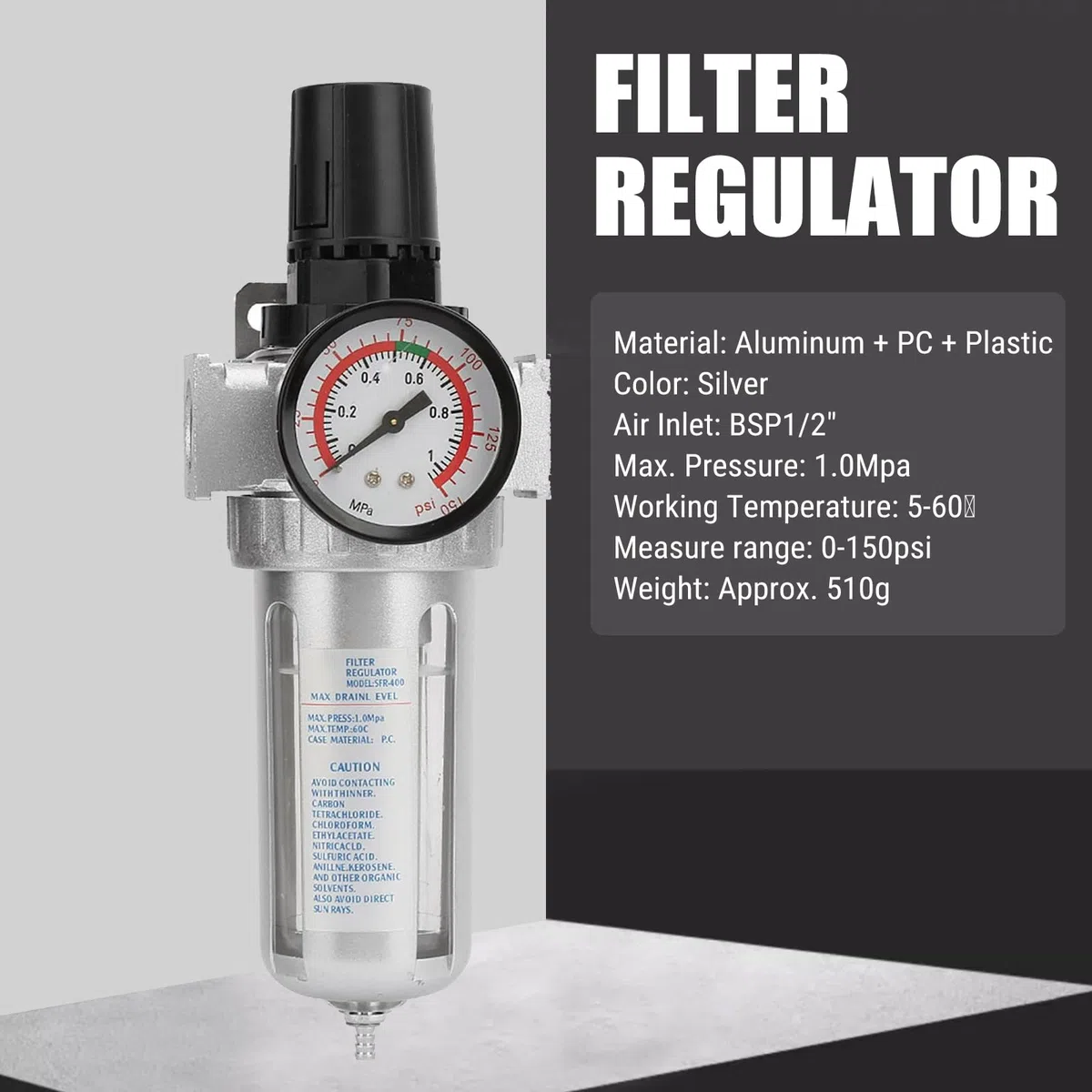 BSP 1/2" Filtro Regulador De Aire, Regulador De Filtro De Aire Comprimido Aceite Agua Separador Filtro, Regulador Presión Filtro Reductor De Presión Para Compresor Con 150 Psimedidor De Presión