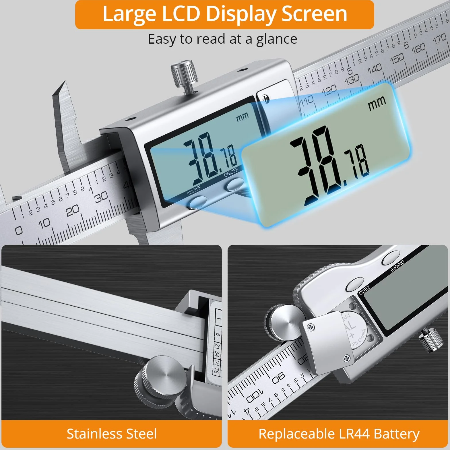 Neoteck Calibre Digital Acero Inoxidable 200mm/8Inch con Calibrador de Espesor Pie de Rey Fracciones/Inch/Metrico Cambio de Herramienta de Medición para Longitud Ancho Profundidad Diámetro Interior