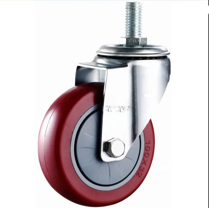 MroMax - 2 ruedas de 100 mm de diámetro, 130 kg de poliuretano, ruedas de poliuretano M12 x 60, rosca M12 x 60, bloqueo de freno de hierro industrial, para carrito