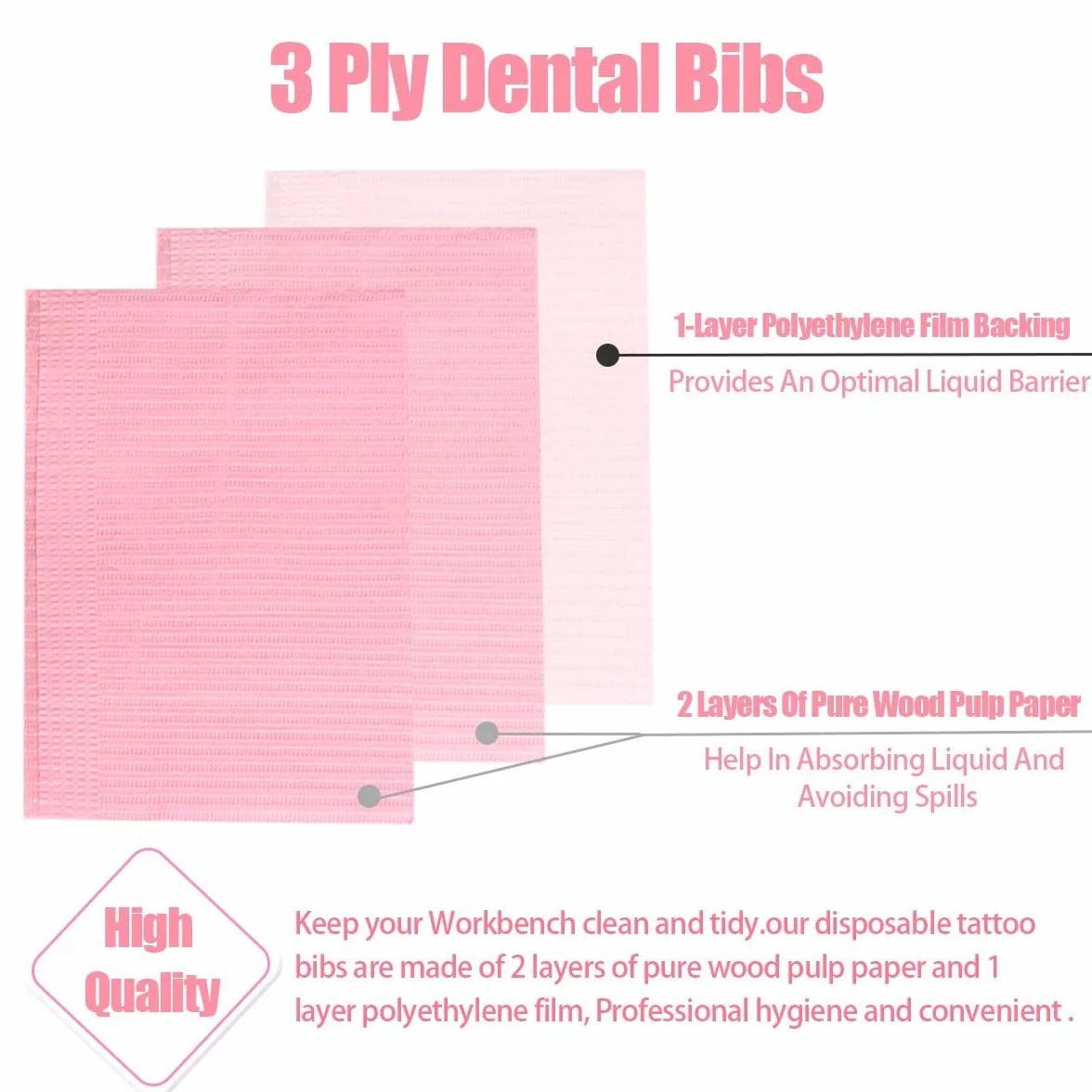 60 baberos dentales desechables para el paciente, 13 x 18 pulgadas, 3 capas impermeables piercing de papel tatuaje servilleta de papel para clínica dental, estación de tatuaje y salón (rosa)