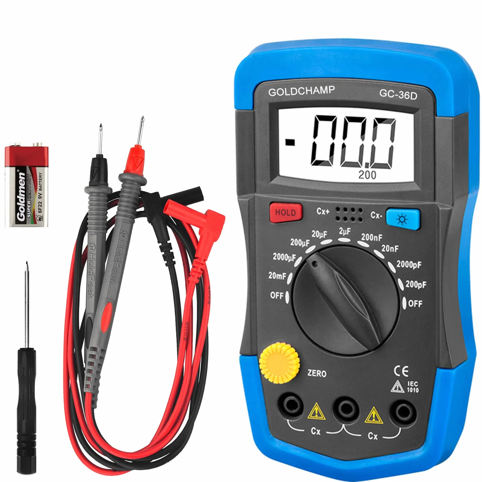 Medidor de capacidad digital, medidor de capacidad de GoldchAMP 0,1pF – 20.000uF – Herramienta de medición con retroiluminación LCD máx. 1999