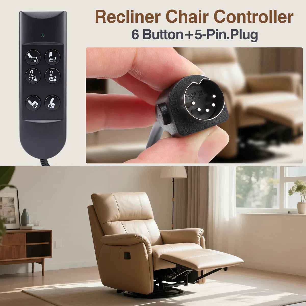 Yosoo Health Gear Mando a Distancia De 6 Teclas Y 5 Pines con Cable De Carga con Resorte, Controlador Eléctrico para Sillones Reclinables, Apto para Sofás Motorizados