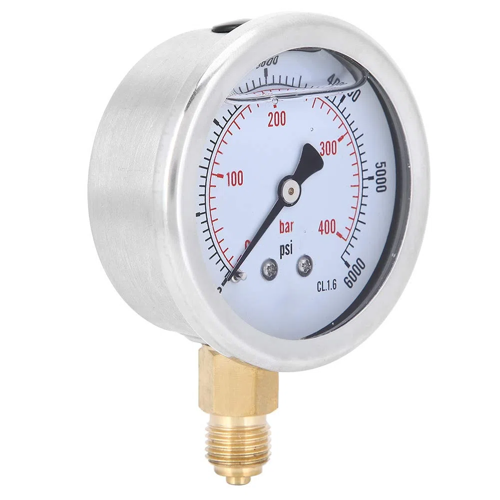 Manómetro de Presión 400 bar 6000 psi 1/4 BSP Radial Acero Inoxidable Latón Esfera Transparente para Sistemas Hidráulicos y Neumáticos