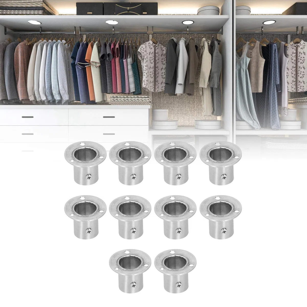 10 Piezas Bridas de Acero Inoxidable, Soporte para Tubería y Barra de Ropa 25mm, Conexión Resistente para Armarios, Base de Tubería Gruesa, Fácil Instalación - Incluye Tornillos