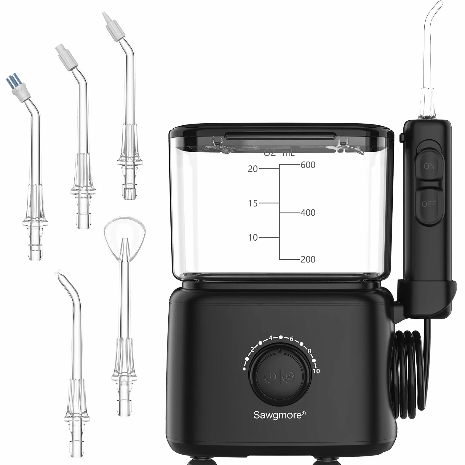 Sawgmore - Irrigador dental eléctrico con 10 niveles de presión ajustables, 600 ml de capacidad, irrigador oral con 5 boquillas multifuncionales para el hogar (negro)