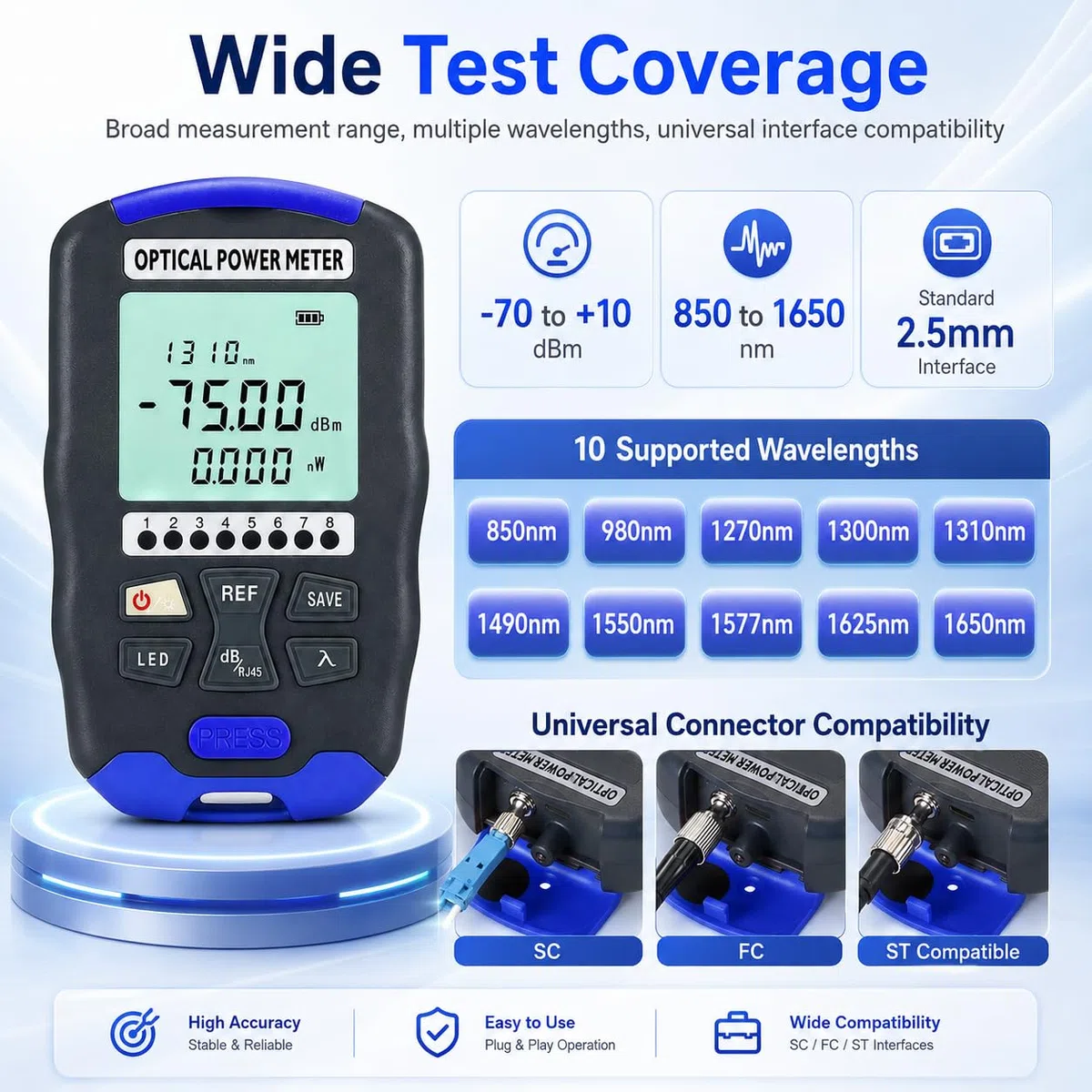 Medidor De Potencia óptica, 3 En 1 Probador De Fibra óptica Recargable Probador De Cable De Fibra ópticas Con Prueba De RJ45 Y Luz Led, -70~+10dbm 850-1700nm Optical Power Meter Con FC/LC/ST Interfaz