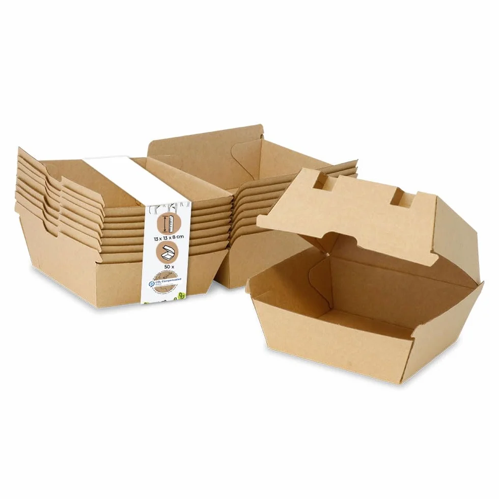 GREENBOX Caja de hamburguesas Take Away de 50 unidades, robustas cajas para hamburguesas con tapa elevada, caja de cartón kraft, embalaje estable para hamburguesas, 13 x 14 x 8 cm, biodegradable