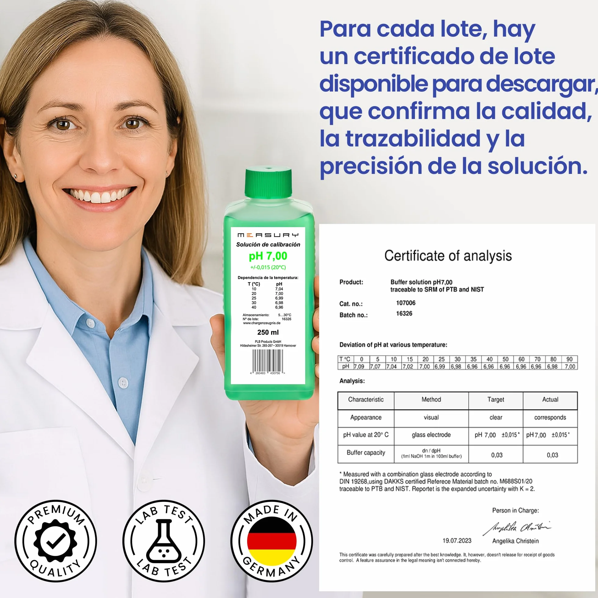 Measury Solución de calibración de pH 7.00 y 10.00 – Fabricado en Alemania, solución tampón pH por 250 ml, solución de calibración verde/azul, juego de líquido de calibración