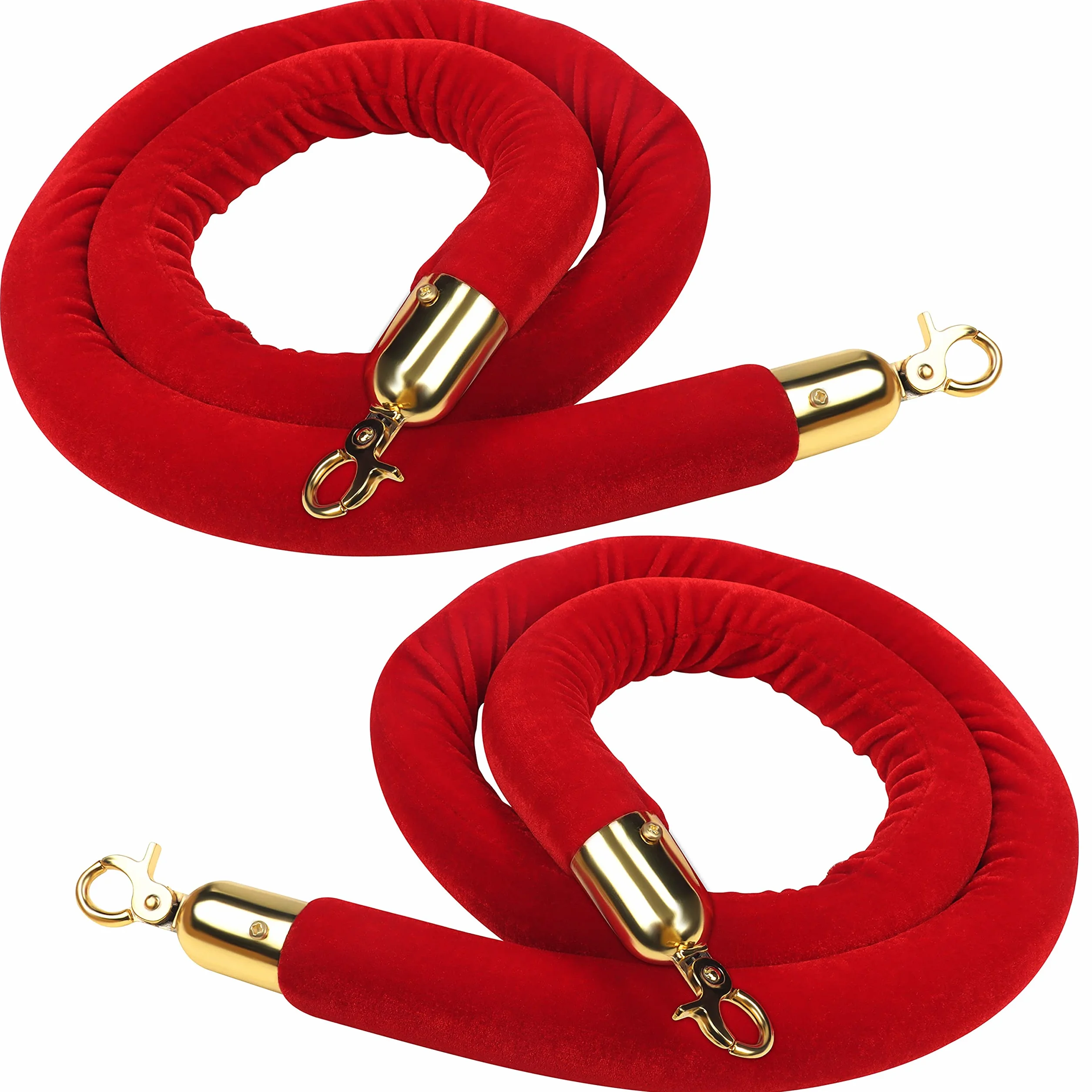 Belle Vous Pack de 2 Cuerda Terciopelo Rojo Barrera Separadora 150 x 3,5 cm – Ganchos Dorados Pulidos para Poste - Cinta Seguridad Separador Filas - Cinta para Delimitar, Control de Multitudes