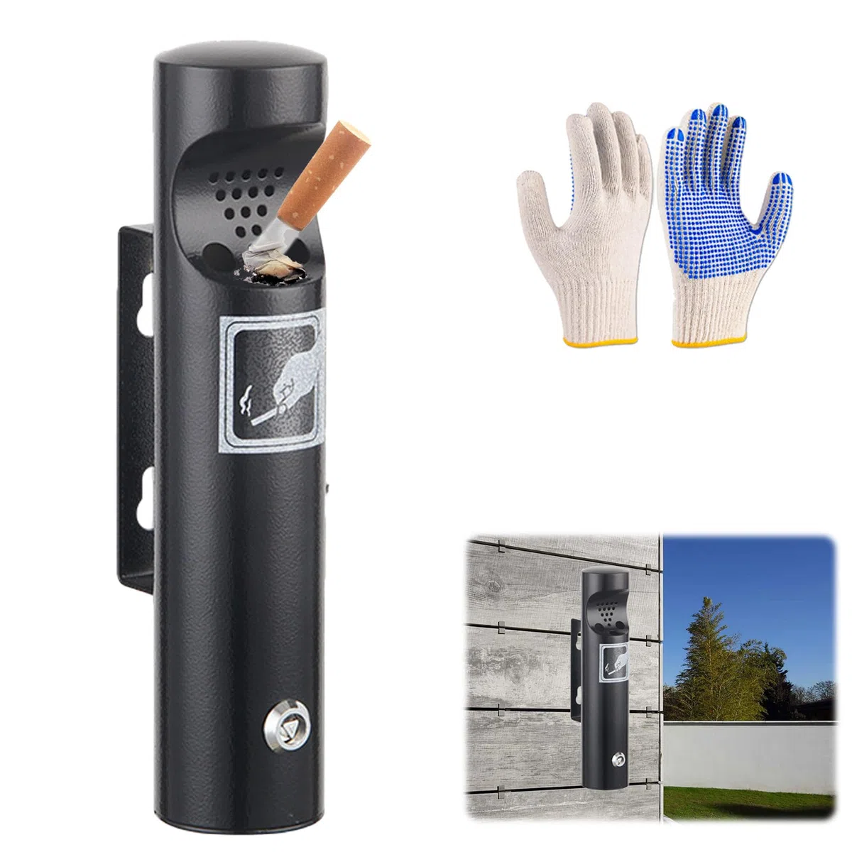 Cenicero montado en la pared, cenicero de pared para exterior, cenicero de pared de acero inoxidable con cerradura, resistente a la intemperie, cenicero de pared tubular público para terraza, hotel