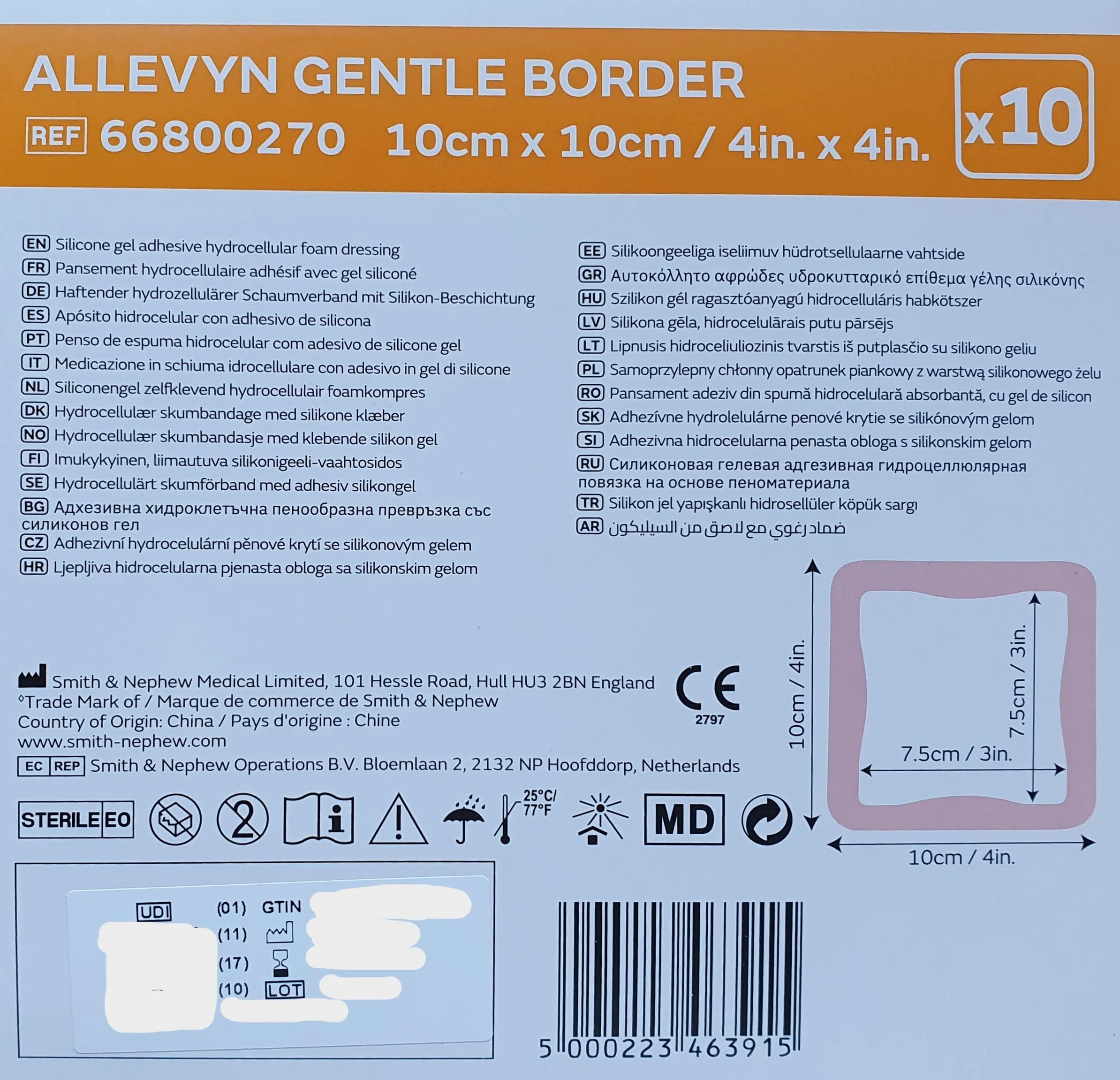 ALLEVYN Gentle Border - 66800270 - Apósito con borde suave de 10 cm x 10cm, 10 unidades - Apósito adhesivo de espuma