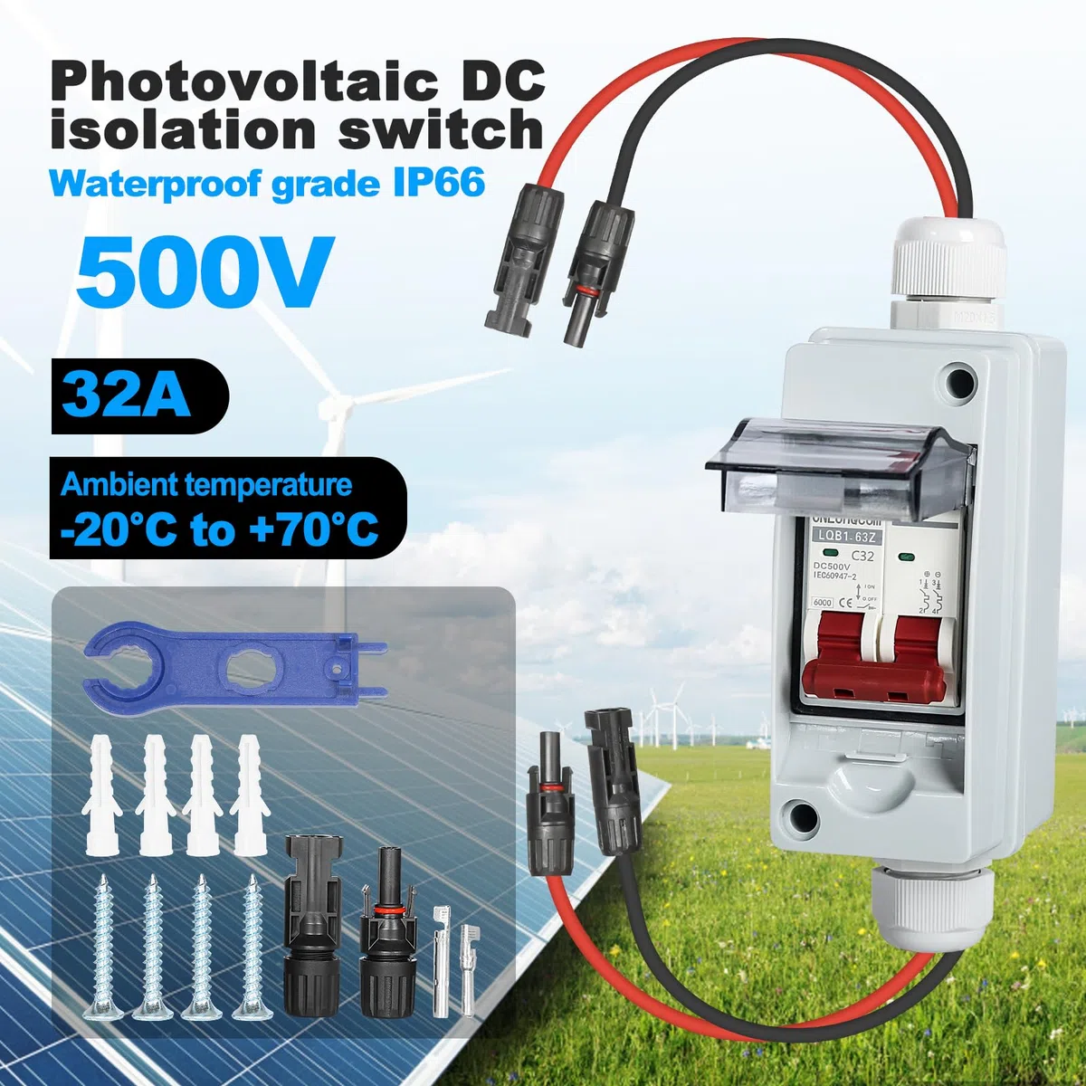 DEWIIN Interruptor de Separación DC 500V 32A 1 en 1 Fuera Interruptor de Desconexión Solar Disyuntor Fotovoltaico PV Combiner Box DC Aislador Solar Combiner Box para Sistema Solar