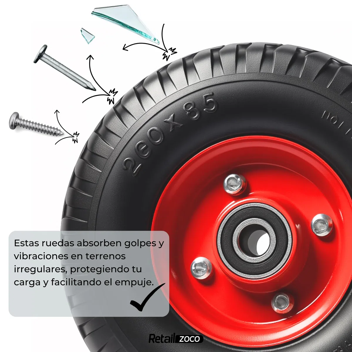 TECHZOCO Ruedas de carretilla, Rueda Carros de Almacén, Rueda neumática, Llanta de Acero, Diámetro 260 mm, Ancho de banda 85 mm, Diámetro buje 20 mm, Soporta hasta 120 Kg, 2 Unidades
