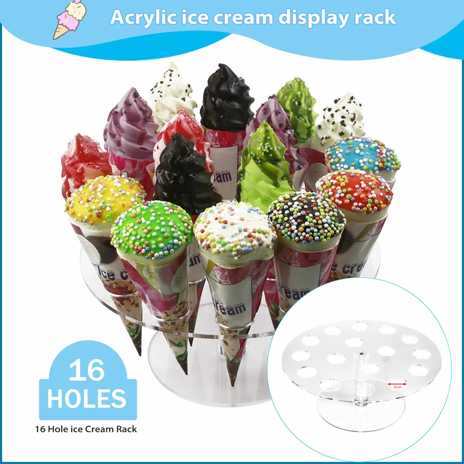Soporte de Acrílico Transparente para Helado y Sushi - 16 Agujeros para Conos y Rollos de Mano