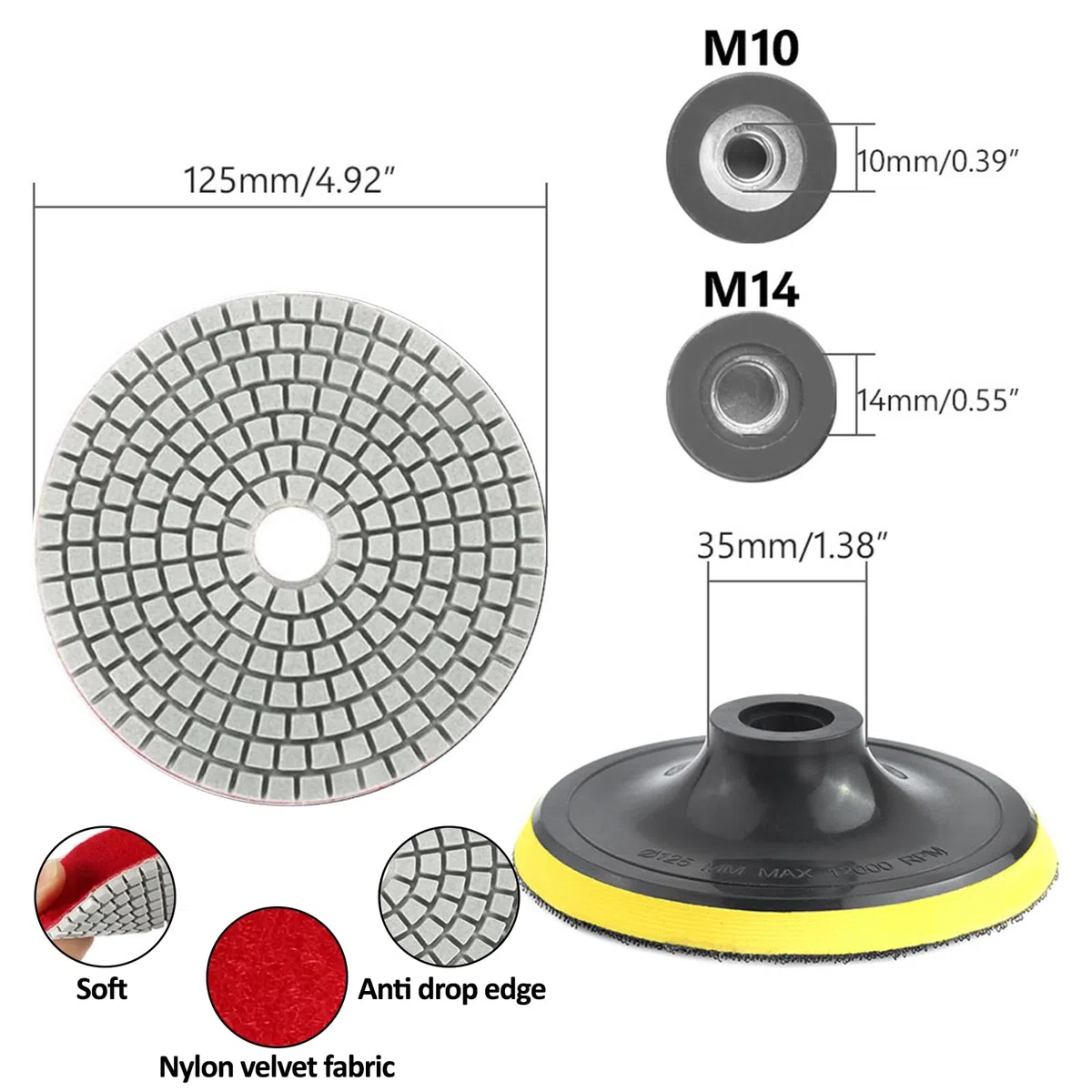 11pcs Discos de Pulido de Diamante: Discos de Pulido Húmedo/seco de 125 mm (50# - 8000#), Juego de Pulido de Mármol con Placa de Soporte de Goma M14 para Hormigón Granito Piedra Mármol