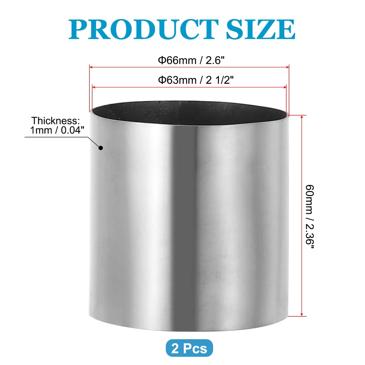 PATIKIL 63mm Acoplador de Ventilación de Metal, 6cm Largo Tubo Adaptador Recto Acero Inoxidable 304 Tubería Acoplamiento Redondo Extensión Manguera Conexión para HVAC Riego Bricolaje, 2pcs