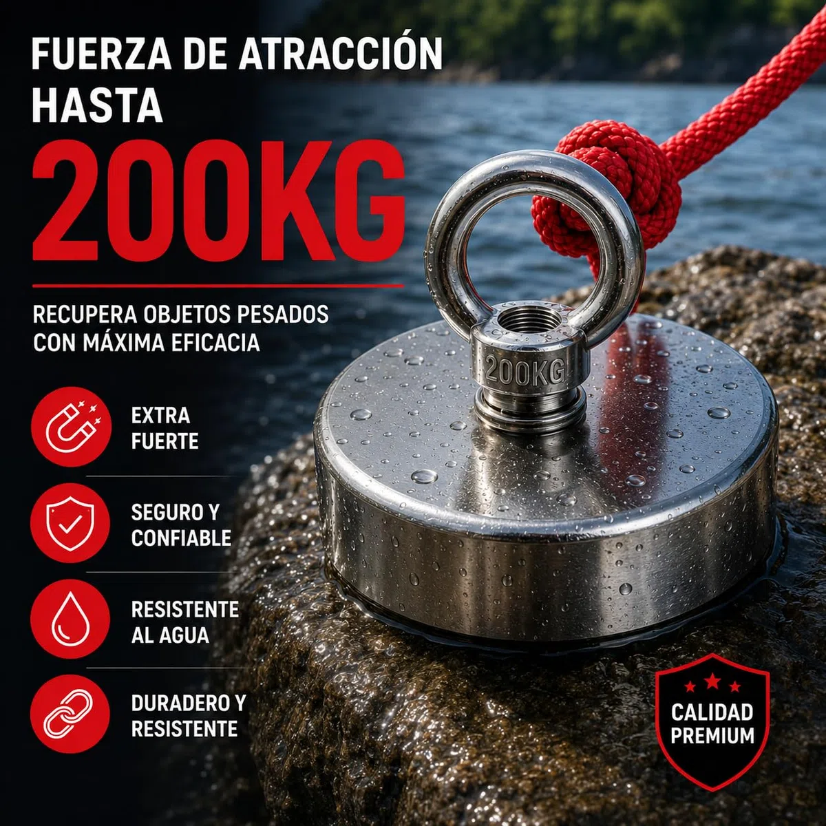 Imán Neodimio N52 para Pesca Magnética 60 mm | Imán Neodimio Potente de hasta 200 kg | Con Guantes y Cuerda de 20 m | Imanes Neodimio para Industria, Ciencia y Recuperación de Objetos