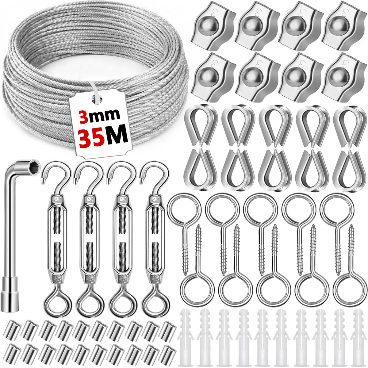 35M/3mm Cable de Acero Inoxidable, Cable Acero 304, Kit de Cables de Acero Inoxidable para Colgar, Cuerdas de Acero, Kit de Cuerda de Acero para Cuerda Tendedero Exterior
