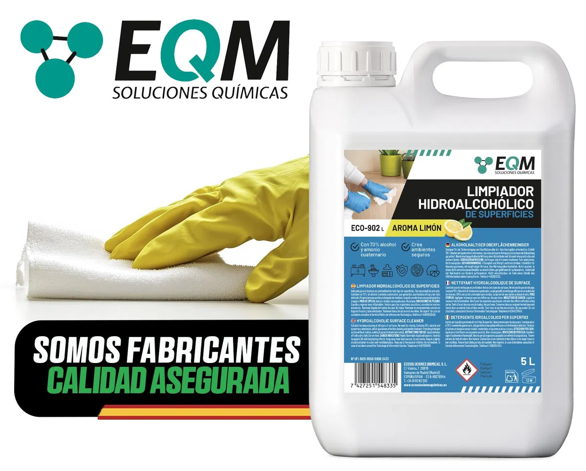 EQM - ECO-902L - Limpiador Hidroalcohólico de Superficies - 5L - Limpieza de Zonas de Alto Contacto - Acción Inmediata, sin Aclarado, no Deja Residuos - Esencia Limón