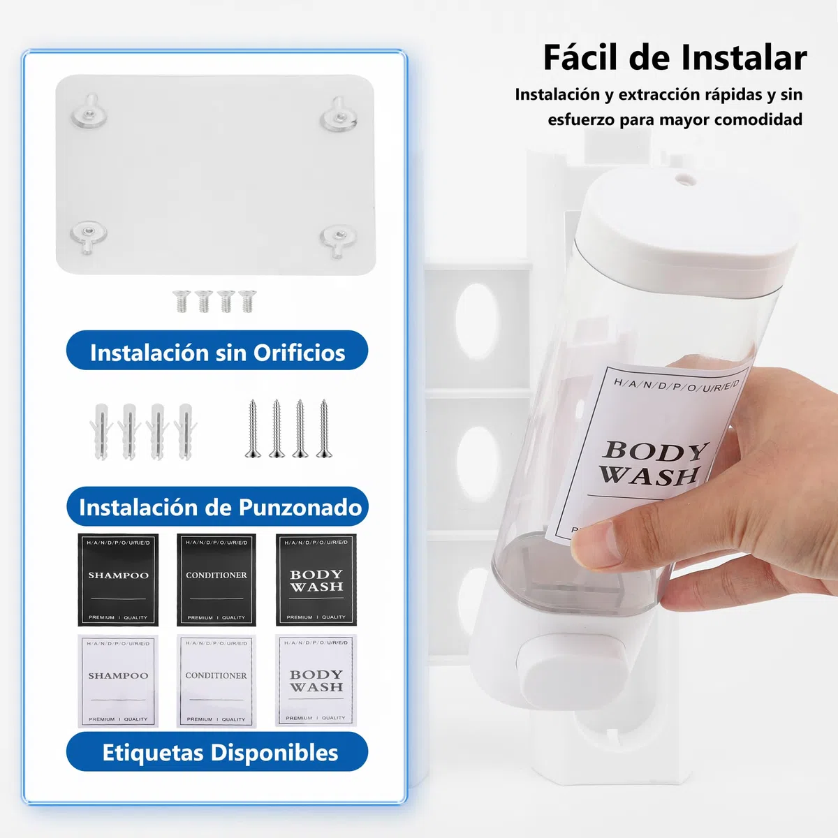 Dispensador Jabón Baño para Montaje en Pared, Dispensador de Jabón Líquido, Dispensador Gel y Champu Ducha para Hotel, Hogar,2x300ml(Blanco)