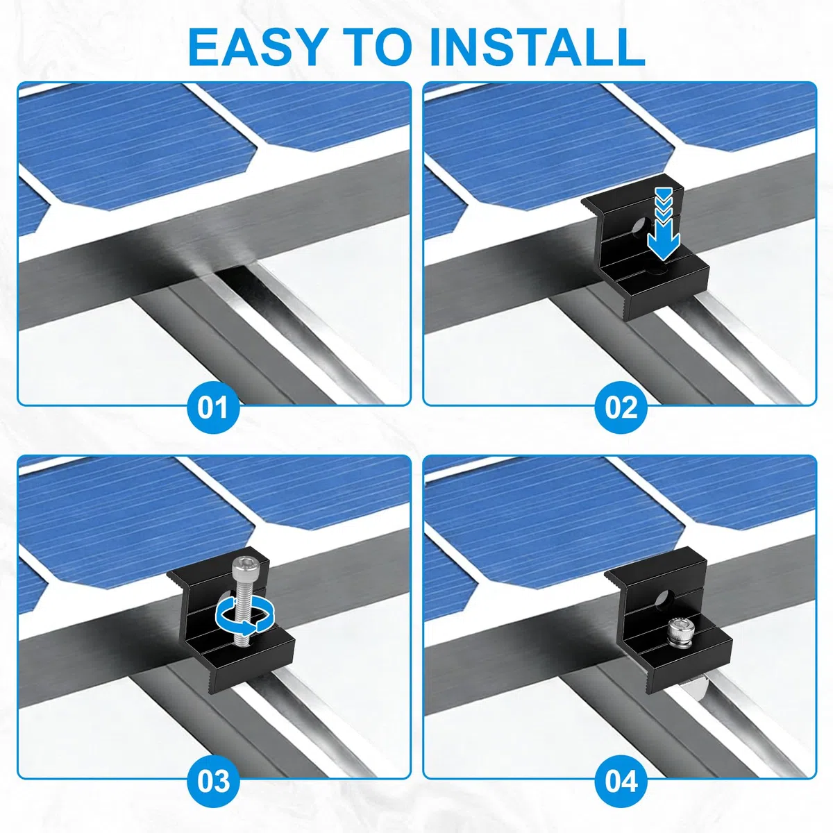 EXLECO Juego de 12 Abrazaderas de Extremo para Placas Solares 30 - 35mm, Soporte Panel Solar, Fijación para Módulos PV, Soporte para Placa Solar de Aluminio en Perfil de Rail Solar, Negras