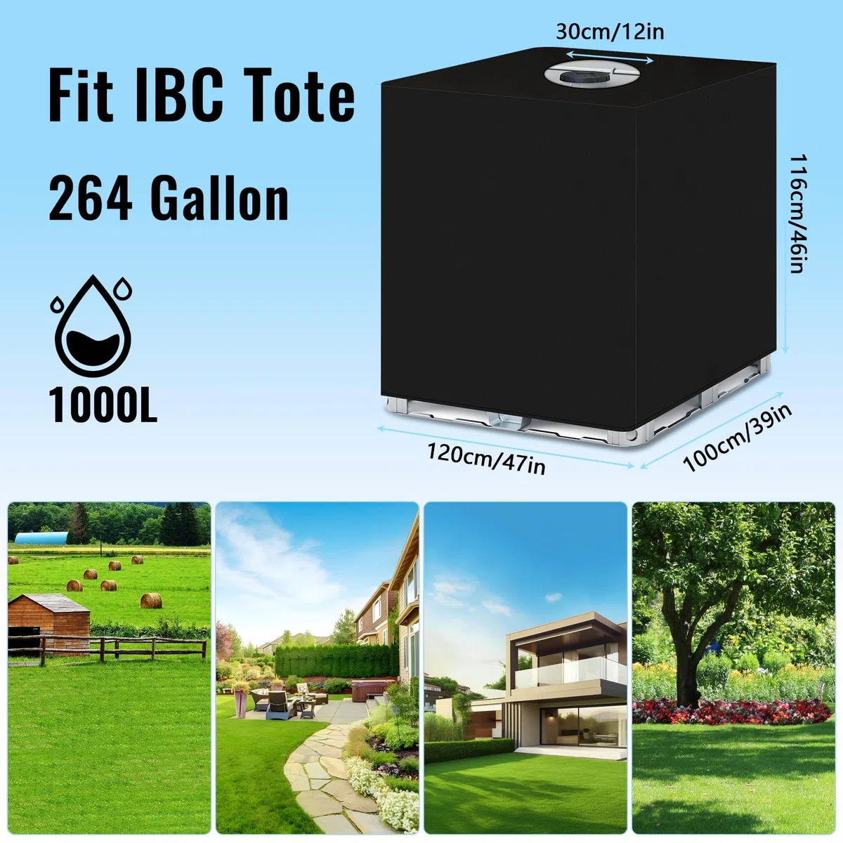 IBC - Cubierta para depósito de agua (1000 L, 420D IBC, impermeable, protector UV, para depósito de agua, para barril de agua de 1000 l, 120 x 100 x 116 cm)