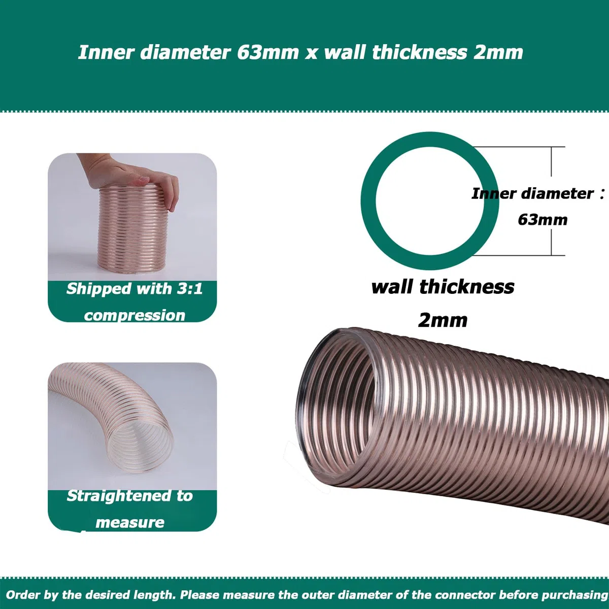 Manguera De Ventilación Flexible De Poliuretano PU con Alambre De Acero Cobreado para Succión De Aire Industrial Transferencia De Polvo Y Conducto De Máquinas,63 * 2.0mm