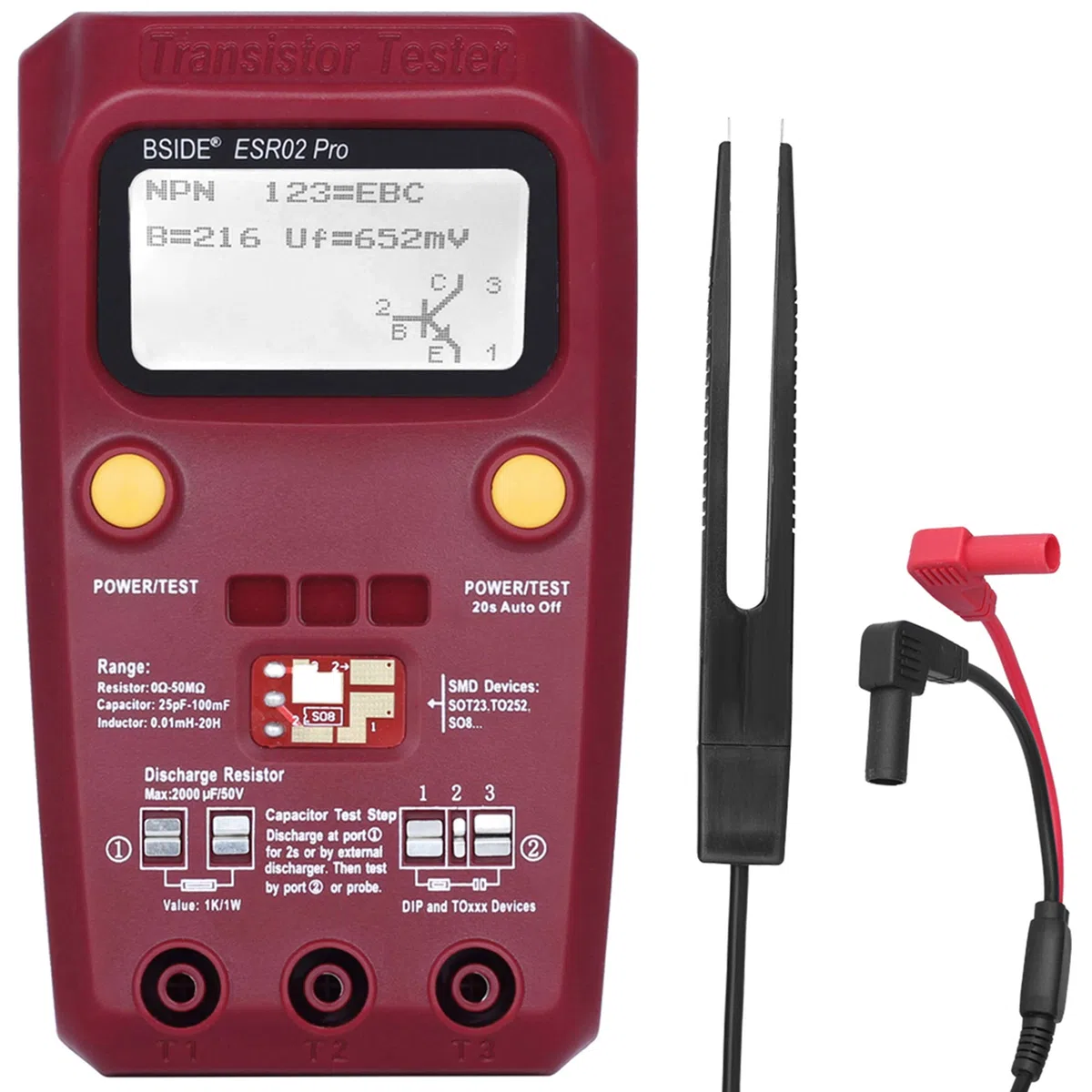 BSIDE ESR02 PRO Probador de Transistores SMD Componentes Comprobador Mega328 NPN/PNP Diodo Resistor Inductor Capacitancia ESR Meter con pinzas