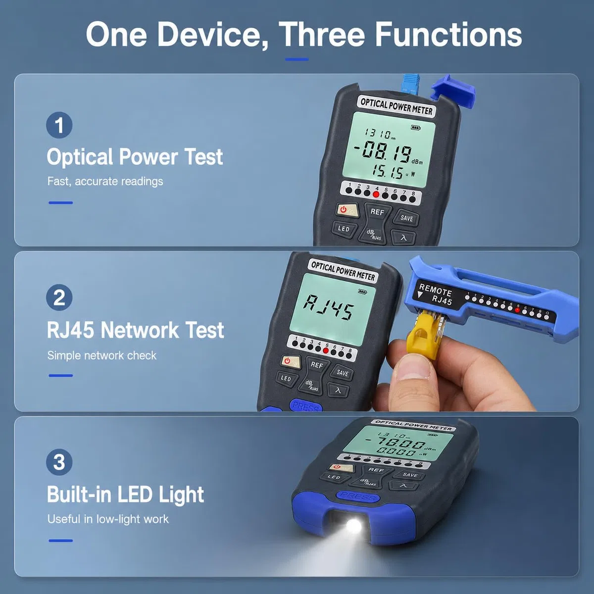 Medidor De Potencia óptica, 3 En 1 Probador De Fibra óptica Recargable Probador De Cable De Fibra ópticas Con Prueba De RJ45 Y Luz Led, -70~+10dbm 850-1700nm Optical Power Meter Con FC/LC/ST Interfaz
