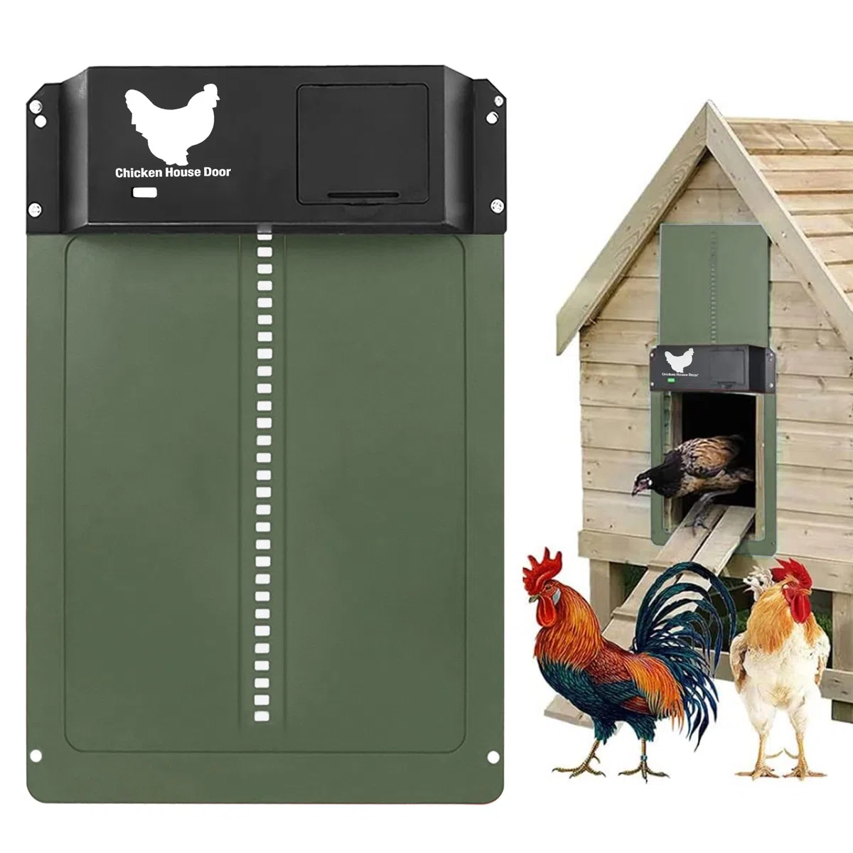 Puerta Automática para Pollos con Corredera y Rieles Guía - Abridor Eléctrico para Gallinero, Cría Segura (Verde)