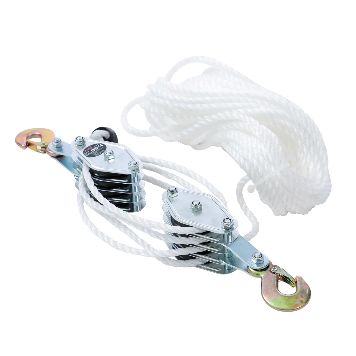 KATSU Tools Sistema de Poleas para Elevación, Capacidad de Rotura 4400lbs, Cuerda de Nylon 20m x 8mm, Ganchos de Acero, para Garaje y Construcción