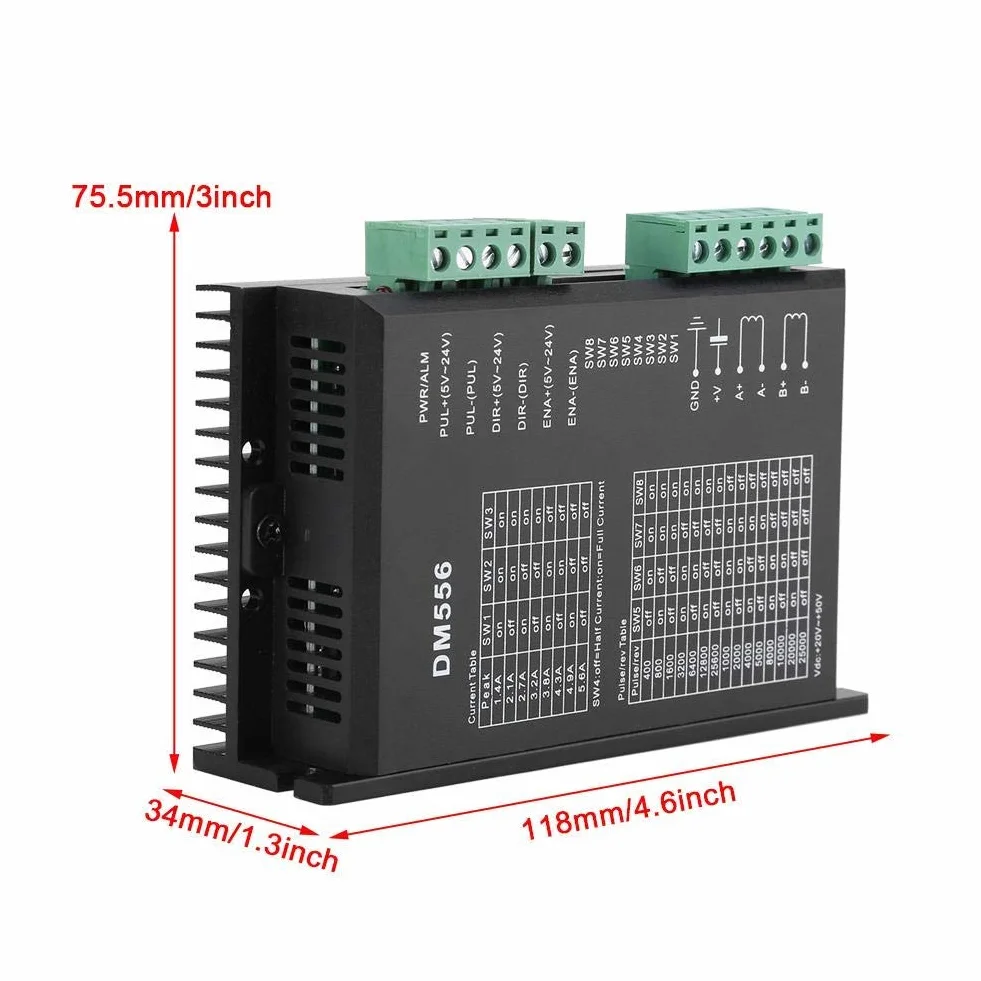 CNC Controlador de motor paso a paso digital DM556 Controlador de motor paso a paso de 2 fases 20-50V DC Max 5.6A 128 División para motor paso a paso Nema 23, 24 y Nema 34