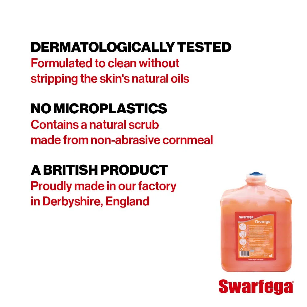 Swarfega - Jabón de manos naranja, limpiador de manos resistente sin disolventes con exfoliante natural e hidratantes, suave para la piel, cartucho de 2 litros