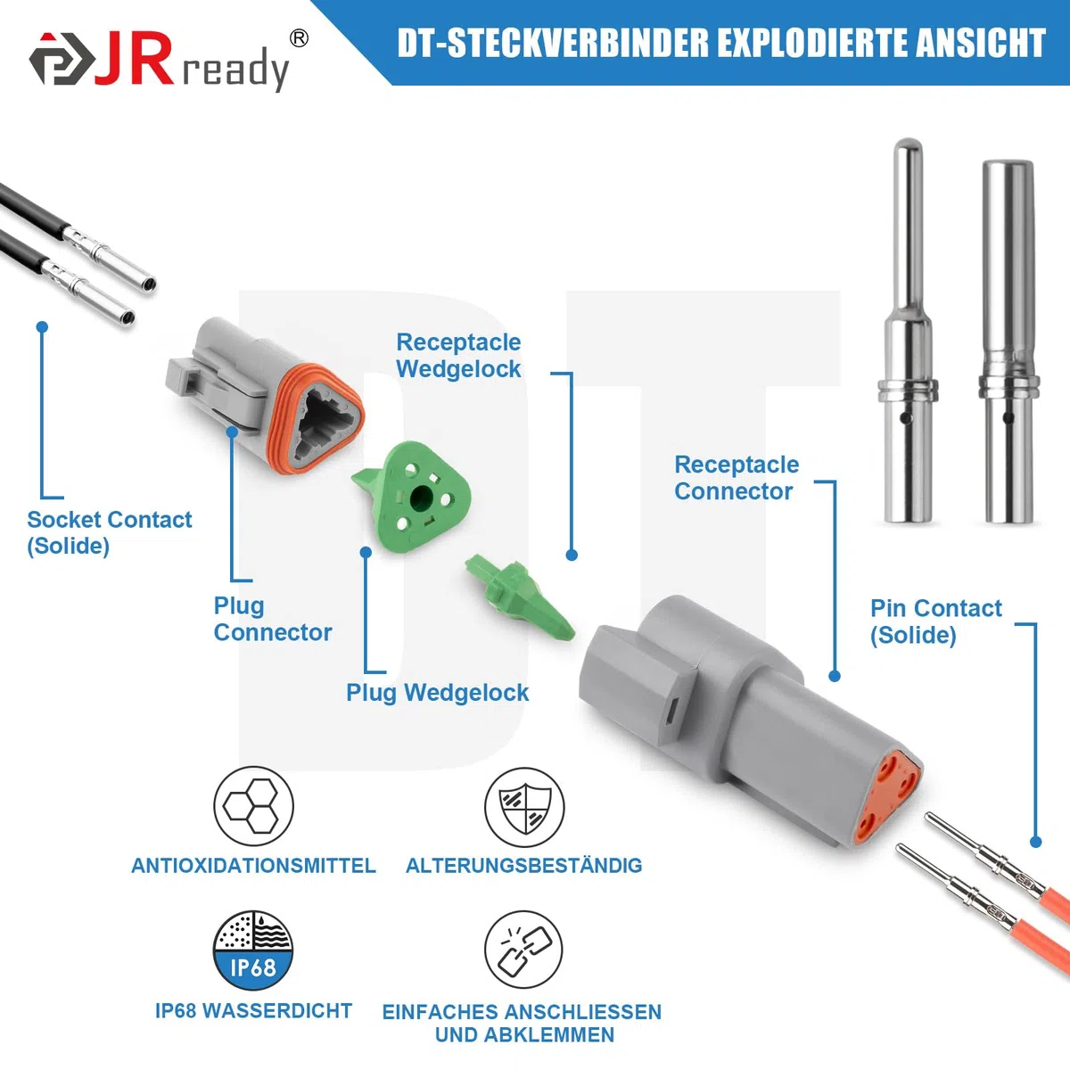 JRready Conector Deutsch 3 Pines 6 Sets Gris IP68 Impermeable DT Conector con Tamaño 16 Terminal Deutsch Calibre de Cable 16-20 AWG para Moto Scooter Coche Camión Barcos